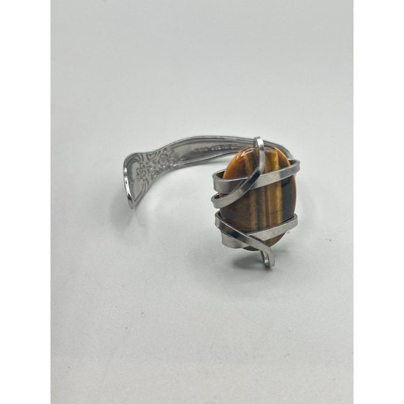 Flatware Jewelry Handcrafted Fork Bangle Bracelet Tiger Eye Stone Primitive - Picture 8 of 11